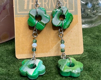 Green Flower Chain Handmade Polymer Clay Earrings w/ Moonstone beads