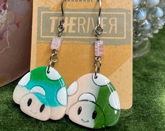 Handmade Mushroom Earrings Polymer Clay, Acrylic Paint & Rose Quartz Gems Maximalist style