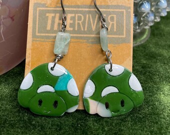 Green Mushroom Hand Painted Handmade Polymer Clay Earrings, lightweight