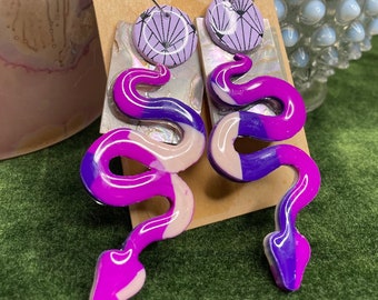 Purple Abalone & Snake Polymer Clay Earrings Handmade Hoop Earrings, lightweight