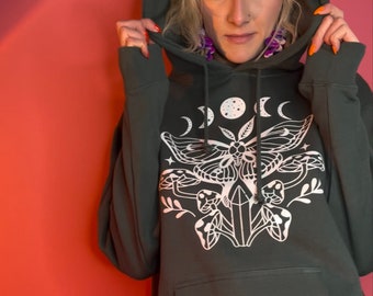 The River Custom Hoodie - Green Pullover with Green Flower Lady Head and The River Logo and White Butterfly and Moons