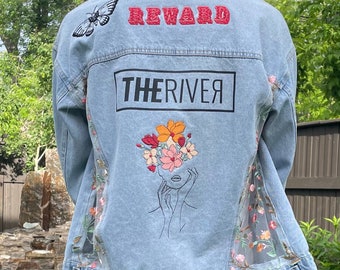 Upcycled Light Wash Denim Jacket THE RIVER Embroidered Flower Face Woman Lace Paneling and Vinyl