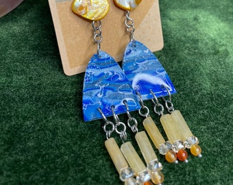 Handmade Polymer Clay & Citrine Earrings, Lightweight w Mushroom Print