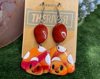 Mushroom Face and Red Jasper Dangle Gemstone/Polymer Clay Earrings