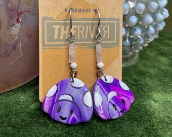 Purple Mushroom w Rose Quartz, Hand Painted Polymer Clay Earrings