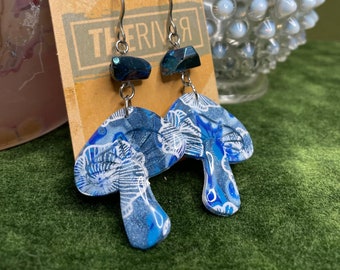 Blue Mushroom with Flower Print Handmade Polymer Clay Earrings