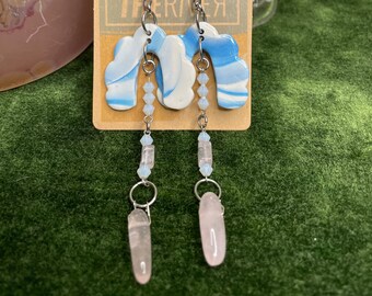 Dangle Cloud Earrings w Rose Quartz & Moonstone