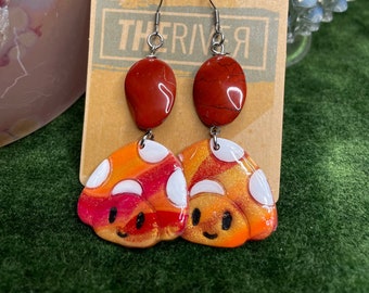 Orange and Red Mushroom w Jasper Handmade Polymer Clay Earrings