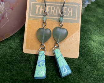 Handmade Polymer Clay Earrings with Green Glass Hearts & Monstera Print