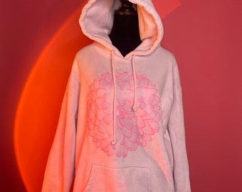 The River Custom Hoodie - Subltle Bleached Hand-dyed Pink with mandala flower and mushroom lady