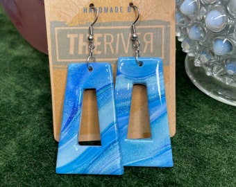 Marbled Blue Geometric Rectangle Polymer Clay Earrings