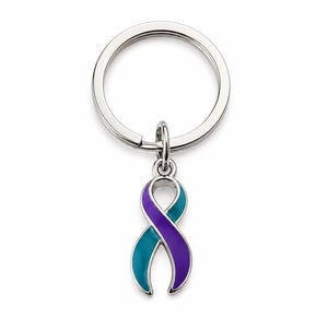 May include: A silver-toned metal keychain featuring a split-color awareness ribbon charm. The ribbon is divided diagonally, with one side finished in a vibrant purple enamel and the other side in a teal enamel, attached to a circular split ring.