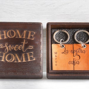 Porte-clés en cuir à double gravure - Cadeau pour couple - avec boîte cadeau en bois