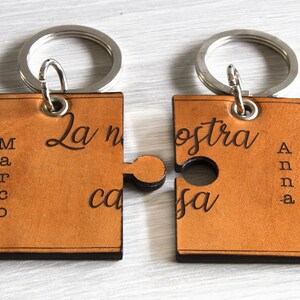 May include: Two matching leather puzzle piece keyrings with silver rings. One piece reads "Marco" and "La nostra casa", the other reads "Anna" and "La nostra casa". The keyrings are tan with black edges.