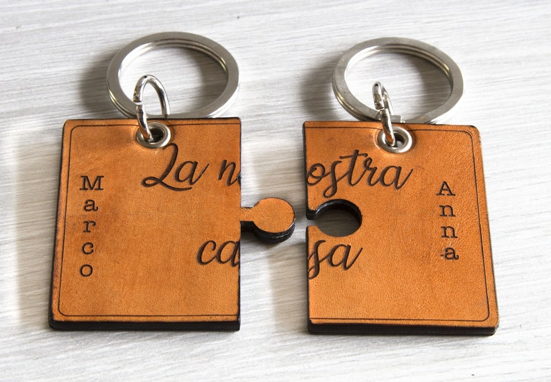 May include: Two matching leather puzzle piece keyrings with silver rings. One piece reads "Marco" and "La nostra casa", the other reads "Anna" and "La nostra casa". The keyrings are tan with black edges.
