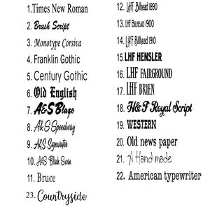 May include: A white background displays a list of 23 engraving fonts in black. The fonts include Times New Roman, Brush Script, Monotype Corsiva, Franklin Gothic, Century Gothic, Old English, and others. The title "Engraving Fonts" is at the top.