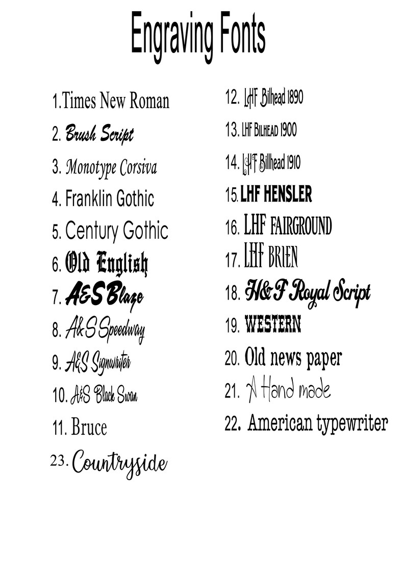 May include: A white background displays a list of 23 engraving fonts in black. The fonts include Times New Roman, Brush Script, Monotype Corsiva, Franklin Gothic, Century Gothic, Old English, and others. The title "Engraving Fonts" is at the top.