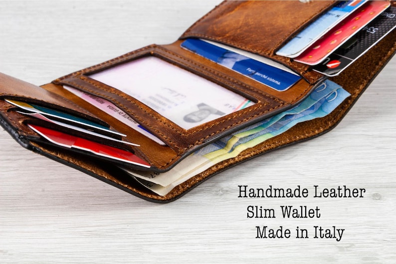 Personalized Leather Trifold Wallet for Men – Custom Engraved Minimal Wallet, Small Handmade Gift, Anniversary or Birthday Idea image 1
