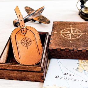 Leather Luggage Tag, a personalized travel gift suitable for any carry-on or trolley bag.