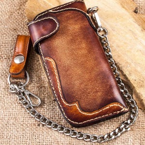 Biker Wallet with Chain – Long Leather Trucker Wallet – Vintage Handmade Italian Cowhide – Durable Custom Wallet Gift for Men