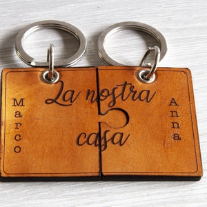 May include: Two-piece leather keyring set with silver rings. The keyrings, in a light brown hue, fit together like puzzle pieces. One side reads "Marco", the other "Anna". The center reads "La nostra casa".
