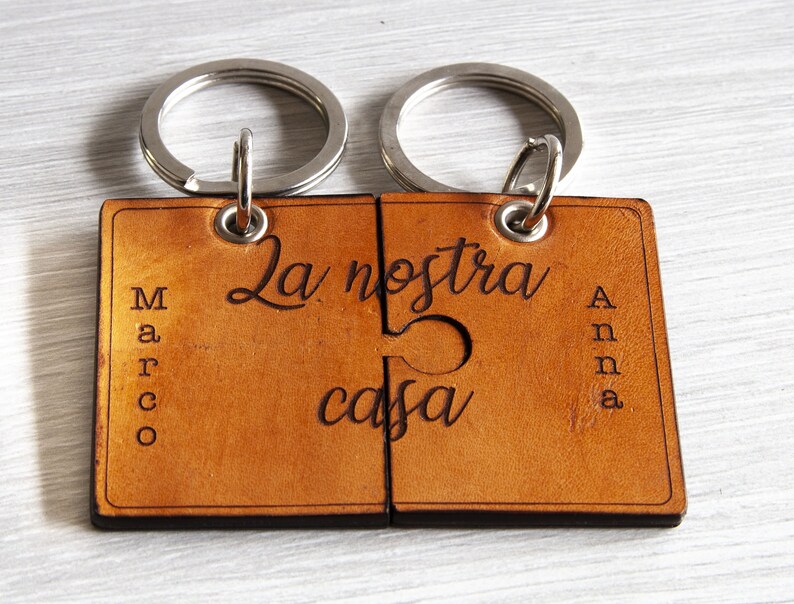 May include: Two-piece leather keyring set with silver rings. The keyrings, in a light brown hue, fit together like puzzle pieces. One side reads "Marco", the other "Anna". The center reads "La nostra casa".