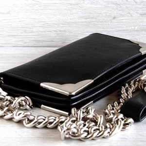 Cartera de motociclista estilo acordeón de cuero Harley Davidson en cuero negro con cadena