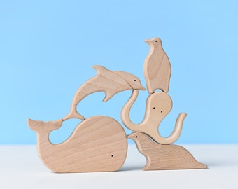 Ensemble d'animaux marins | Jouets animaux en bois | Jouets Montessori | Jouets en bois | Ensemble de jouets marins | Jouets de motricité | Jouets naturels et respectueux de l'environnement
