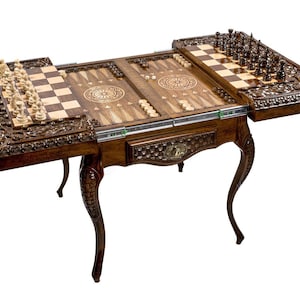 Handcarved Wooden Chess Backgammon Table Set