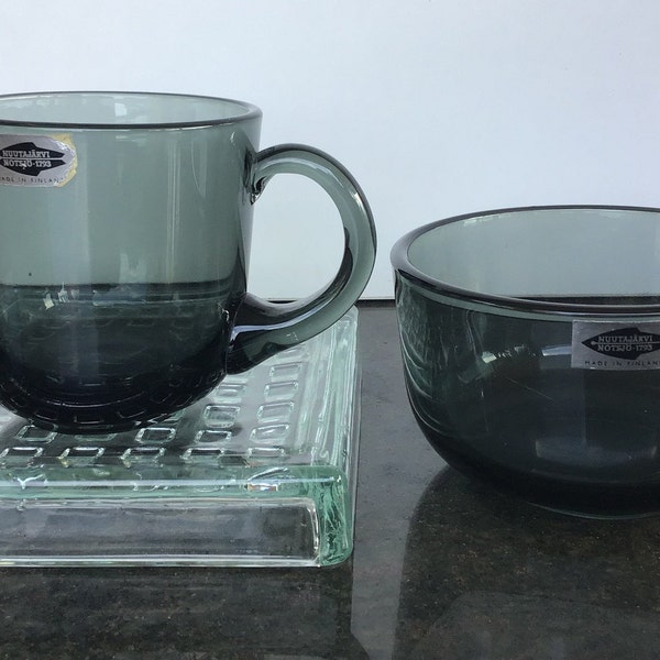 Nuutajarvi Notsjo creamer (#5578) and sugar bowl (#5577) Saara Hopea Smoke  grey Made in Finland Original labels  MCM Collectibles