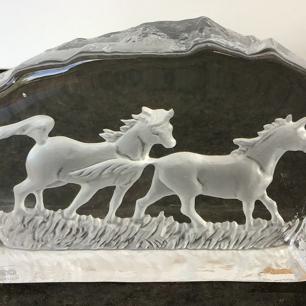 Nybro art glass Running horses Made in Sweden Original label Signed Horse lover Scandi glass