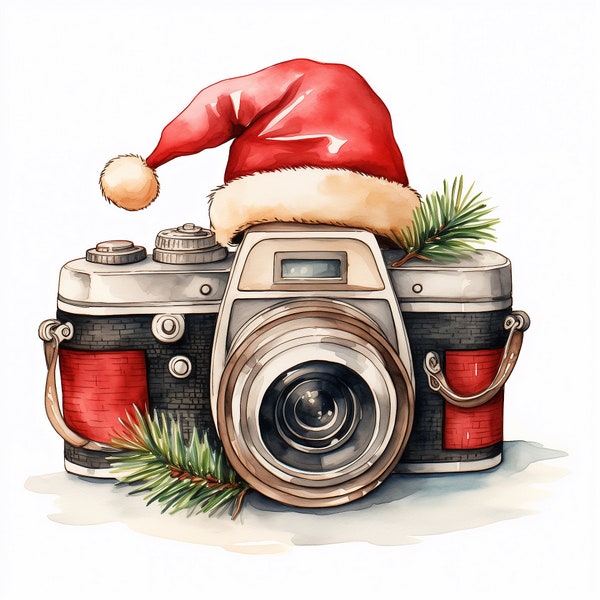 Clipart vintage camera, Christmas, Santa, watercolor, Hi-res JPEG