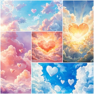 May include: A collage of six images featuring a variety of pink, blue, and yellow clouds with heart-shaped clouds in the sky.
