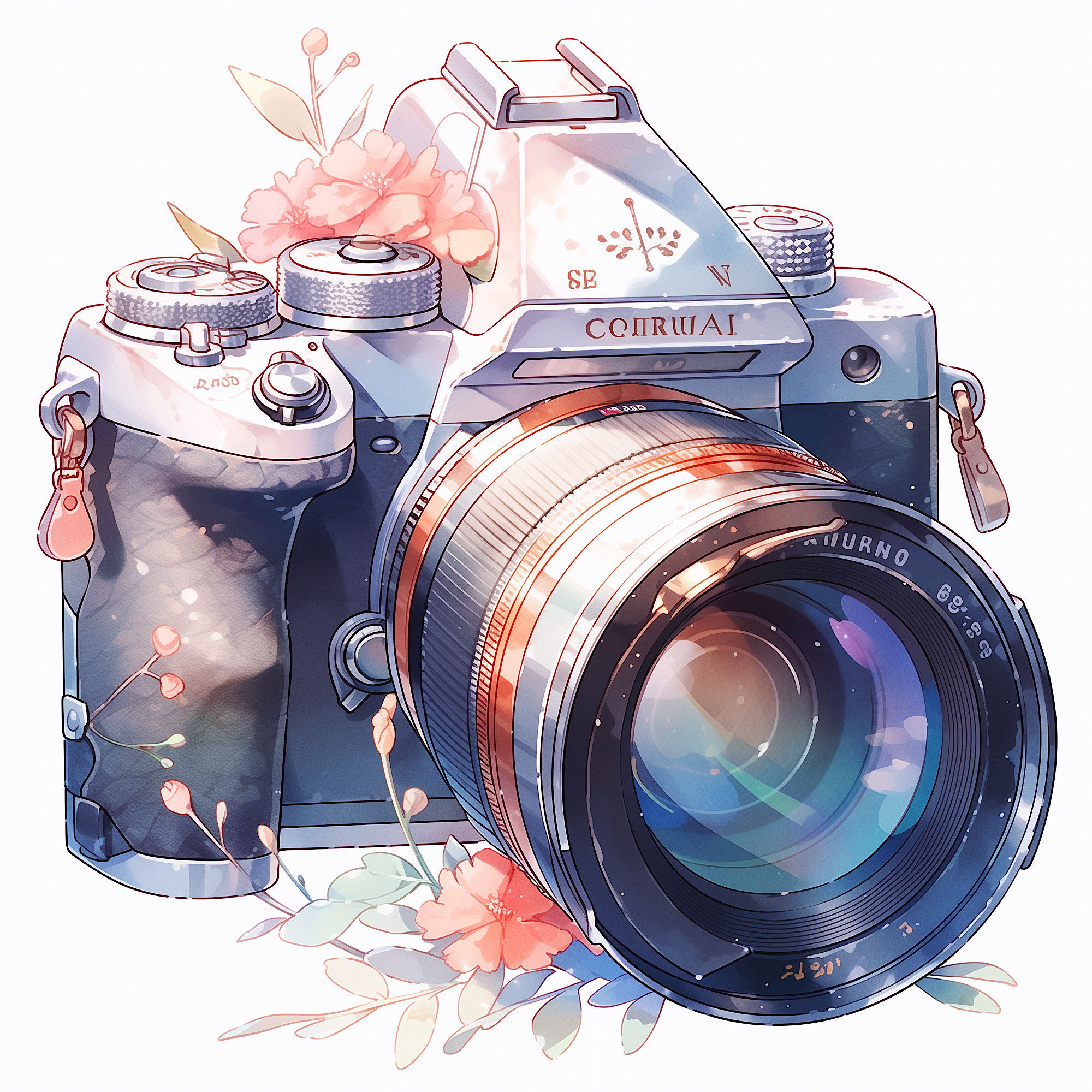 Clipart SLR Kamera, Blume, Pastell, Aquarell, Hi-Res JPEG