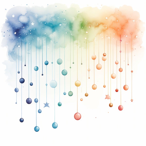 Clipart rainbow clouds, raining, rain drops, watercolor, Hi-res JPEG