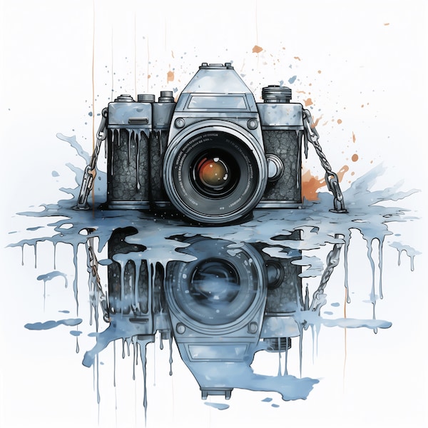 Clipart SLR camera, wet floor, water, scary, watercolor, Hi-res JPEG