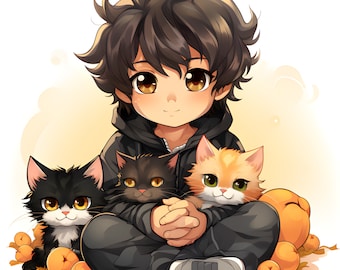 Clipart Cute anime boy with cats, Hi-res JPEG