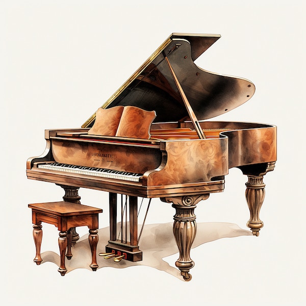 Clipart old piano, vintage, classic, music, watercolor, Hi-res JPEG