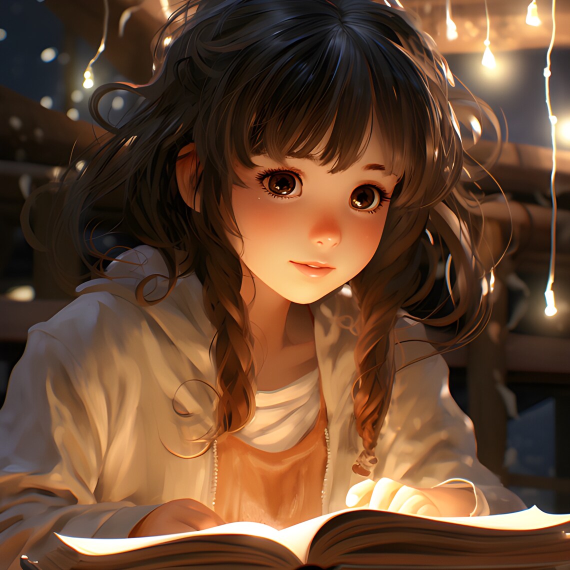 Cute Anime Girl, Reading Book, With Warm Light, 3 Hi-res JPEG - Etsy