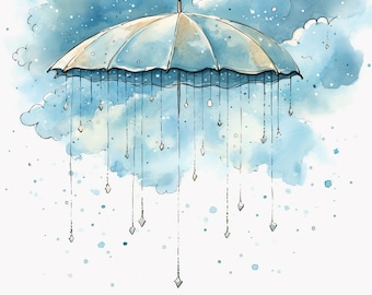 Clipart umbrella clouds raining watercolor, Hi-res JPEG