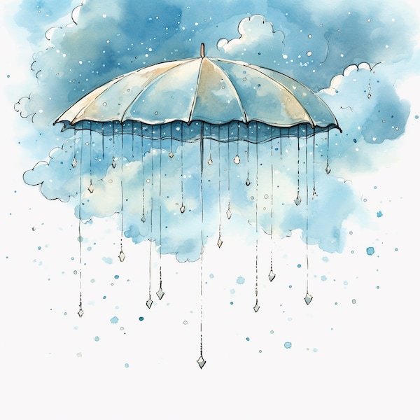 Clipart Regenschirm Wolken regnen Aquarell, Hi-Res JPEG