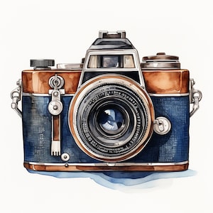 May include: A vintage camera with a blue and brown leather exterior. The camera has a large lens with a silver rim and a silver lever on the side. The camera is sitting on a white background.