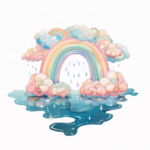 clipart, picture, rainbow, clouds, rain drops, water, watercolor, Hi-res JPEG