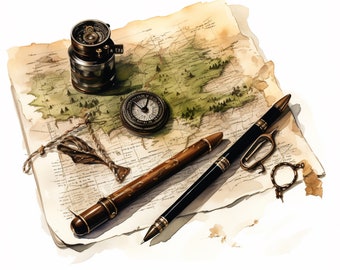 Clipart Karte und Kompass Aquarell 3 JPEG