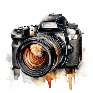 May include: A black Canon DSLR camera with a large lens. The lens has a gold rim and a black and brown interior. The camera has a black body with a silver inscription that reads "Canon".