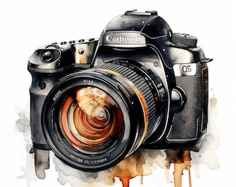 May include: A black Canon DSLR camera with a large lens. The lens has a gold rim and a black and brown interior. The camera has a black body with a silver inscription that reads "Canon".
