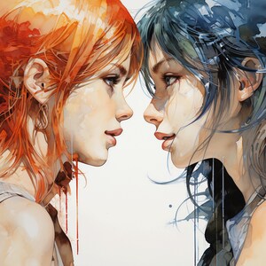 Clipart two girls, watching, face, love, yuri, LGBTQ, watercolor, Hi-res JPEG