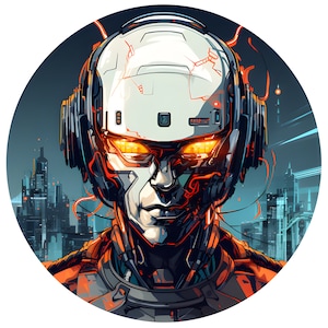 May include: A futuristic robot with glowing orange eyes, wearing a white helmet with black headphones, and a red and orange suit. The robot is set against a backdrop of a city skyline.