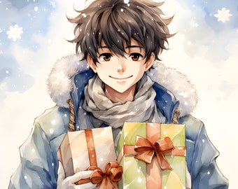 Boy with gifts, presents, snow, Christmas, watercolor, 3 Hi-res JPEG