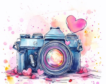Clipart, picture, SLR camera, in love, heart, valentine, watercolor, Hi-res JPEG